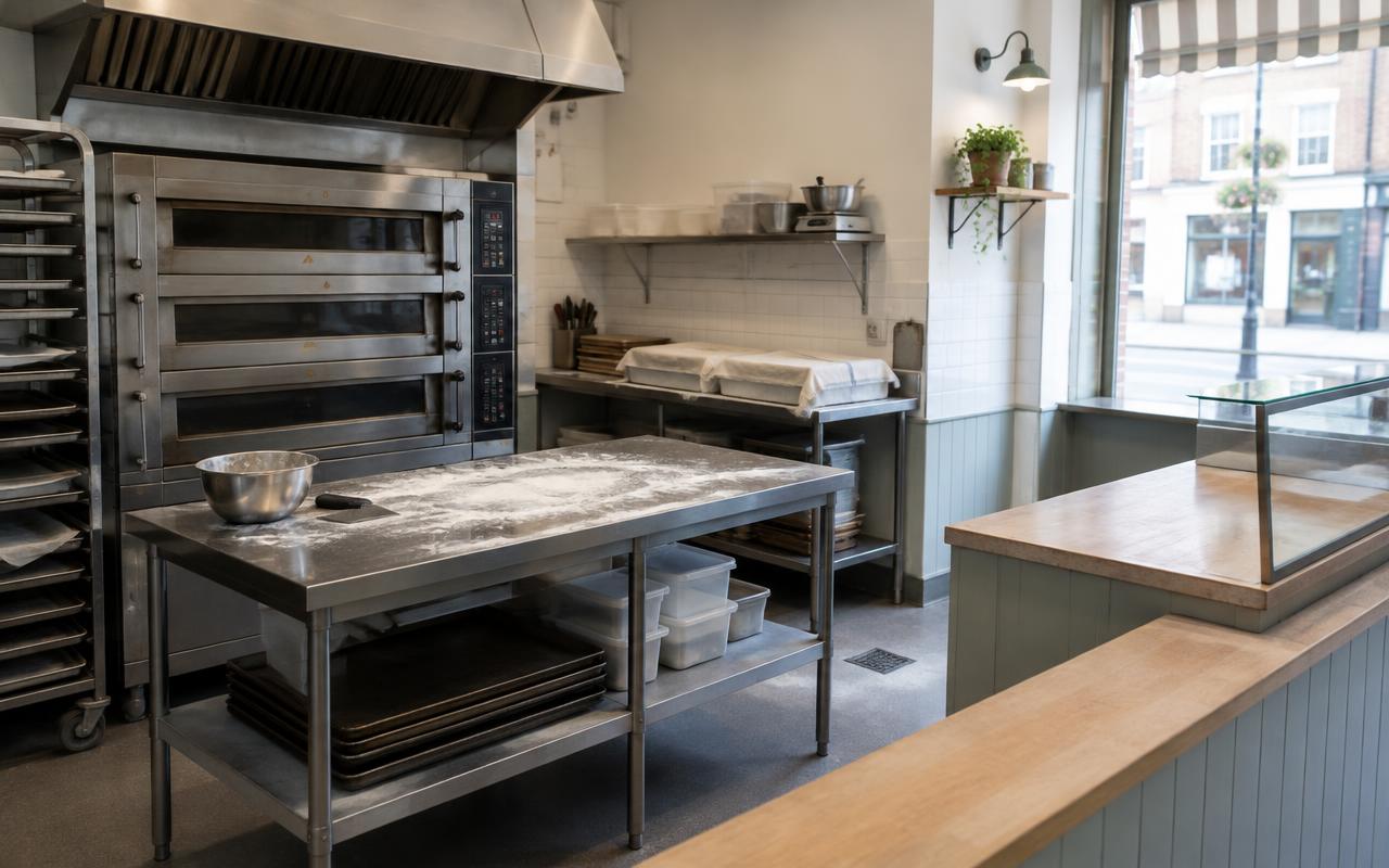 Small British bakery with commercial ovens, covered trays and a preparation bench