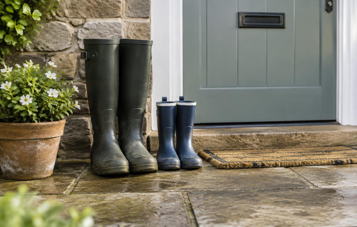 Adult and child wellington boots beside a home doorway