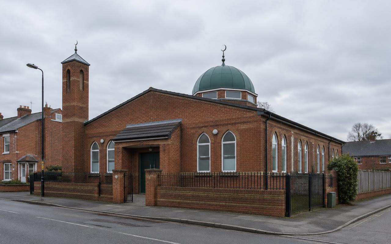 Realistic brick mosque with a small dome on a British residential street