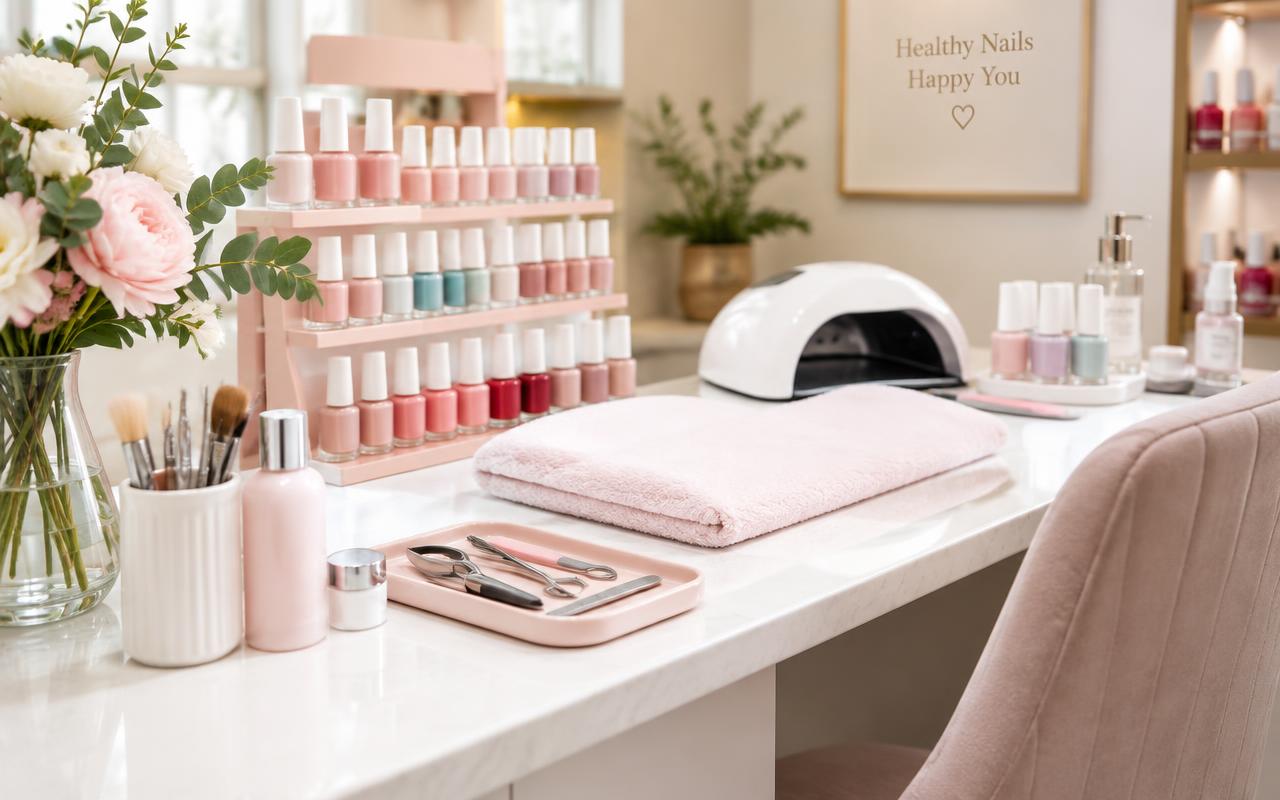 Nail spa station with pastel polishes
