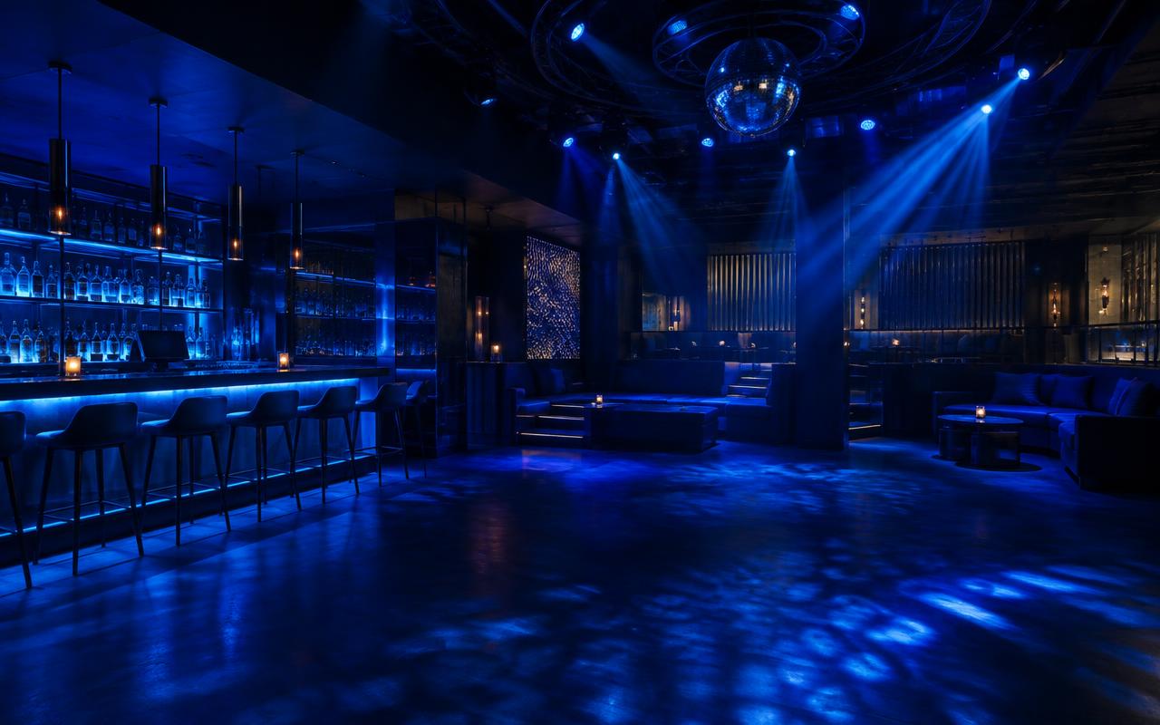Empty nightclub with blue lighting and bar